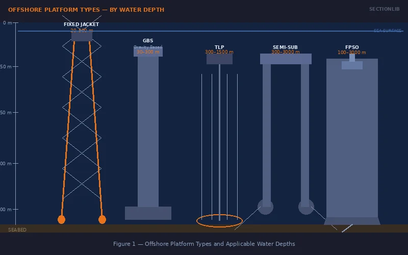 Figure 1 — Fixed and Floating Platform Types by Water Depth